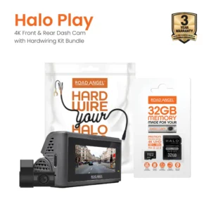 Road Angel Halo Play 4K Dual Dash Cam with 3.2" Screen, Parking Mode & Quick Release mounting with 32GB SD Card & Hardwiring Kit Bundle